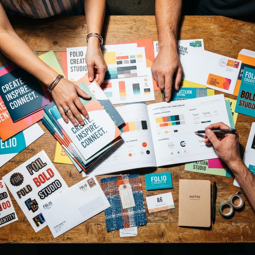 Corporate identity brand guide flatlay — color palette, pattern studies and stationery mockups