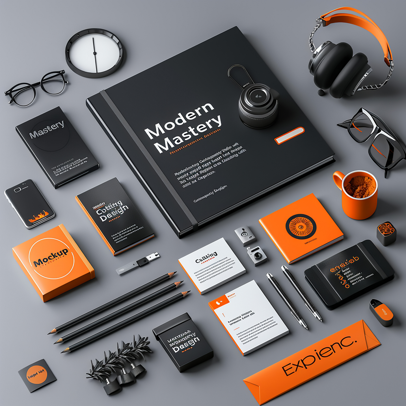 Flatlay of branded stationery and merchandise mockups — notebook, business cards, headphones, mug and pencils — in an orange and black brand palette
