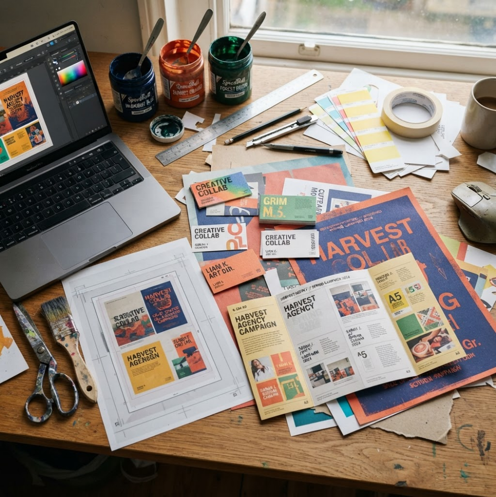 Print design tile icon — brochure and flyer mockup