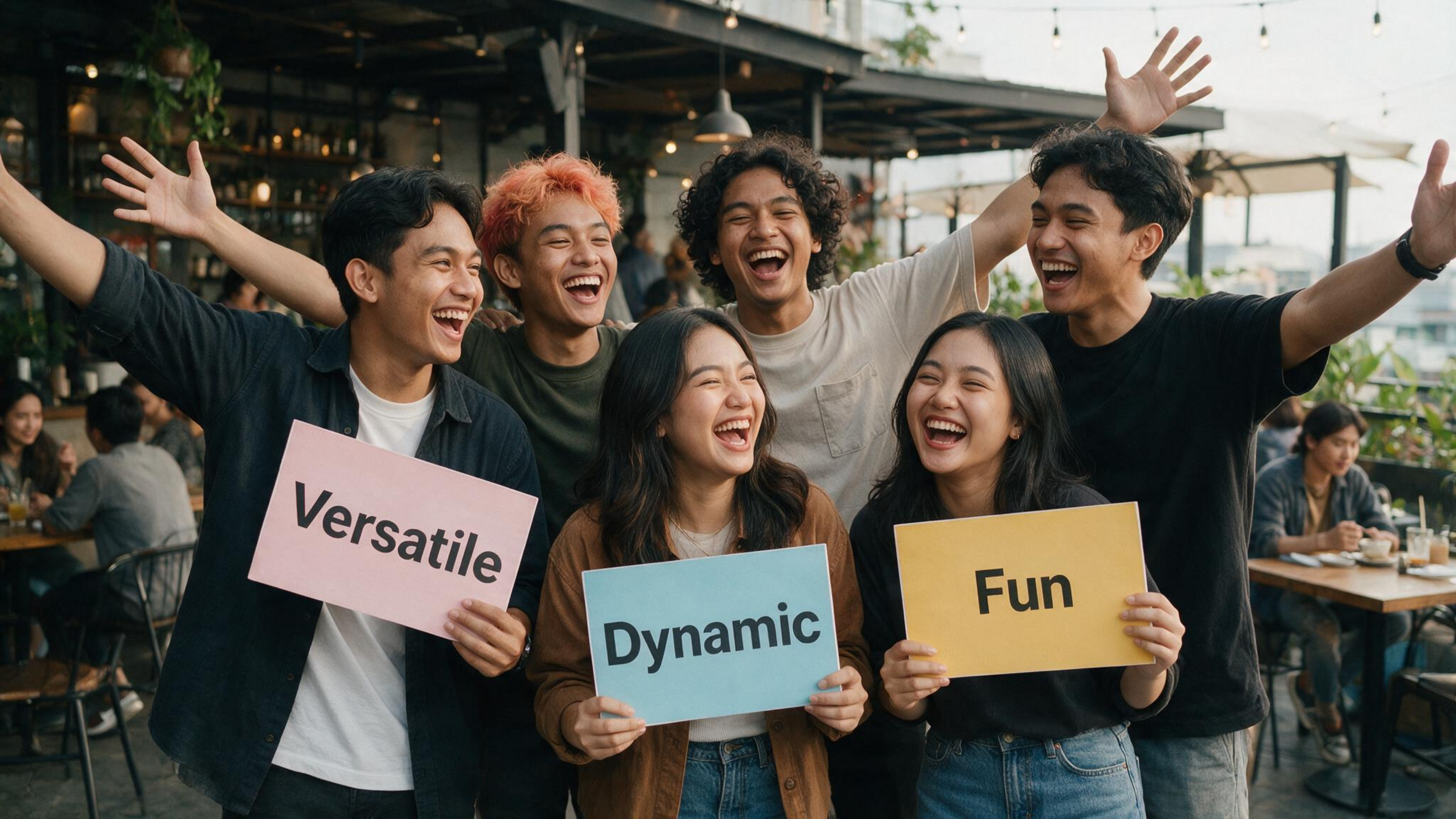 The Joucads team cheering outdoors with arms raised, holding signs that read Versatile, Dynamic and Fun