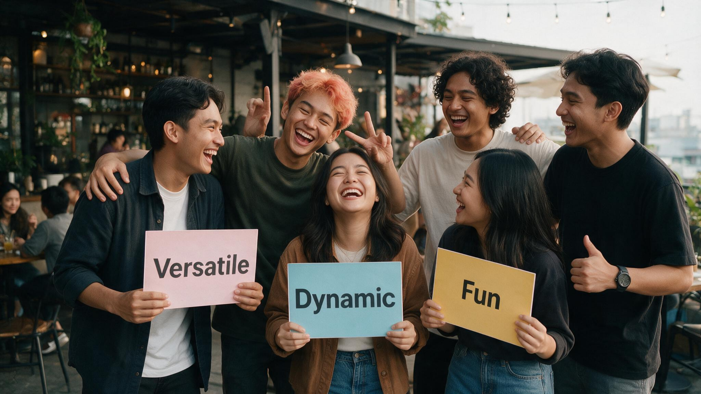 The Joucads team laughing together outdoors, holding signs that read Versatile, Dynamic and Fun