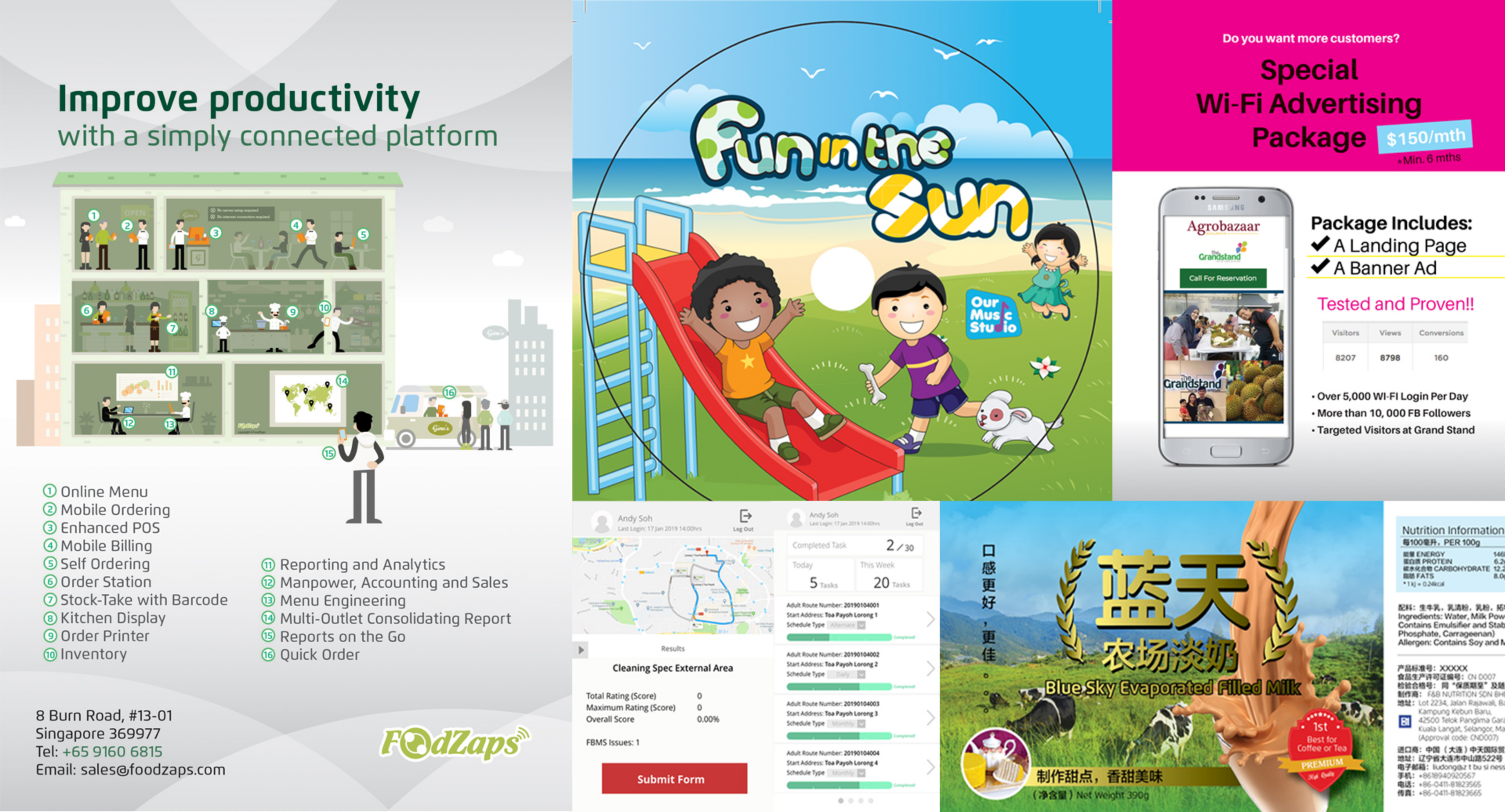Collage of client project samples — a FoodZaps productivity flyer, a "Fun in the Sun" children's illustration, a Wi-Fi advertising package flyer, mobile app screenshots and a BlueSky evaporated milk packaging design