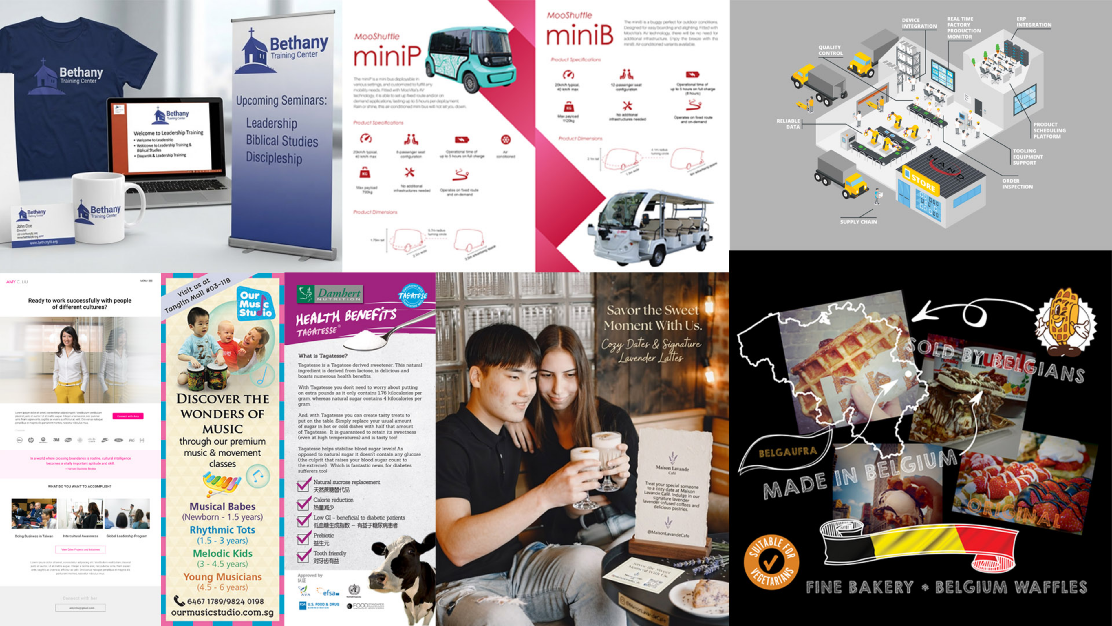 Collage of client project samples — Bethany Training Center brand collateral, MooShuttle mini vehicle branding, FoodZaps supply-chain infographic, a music studio flyer, Damhert product packaging and a Belgaufra bakery poster
