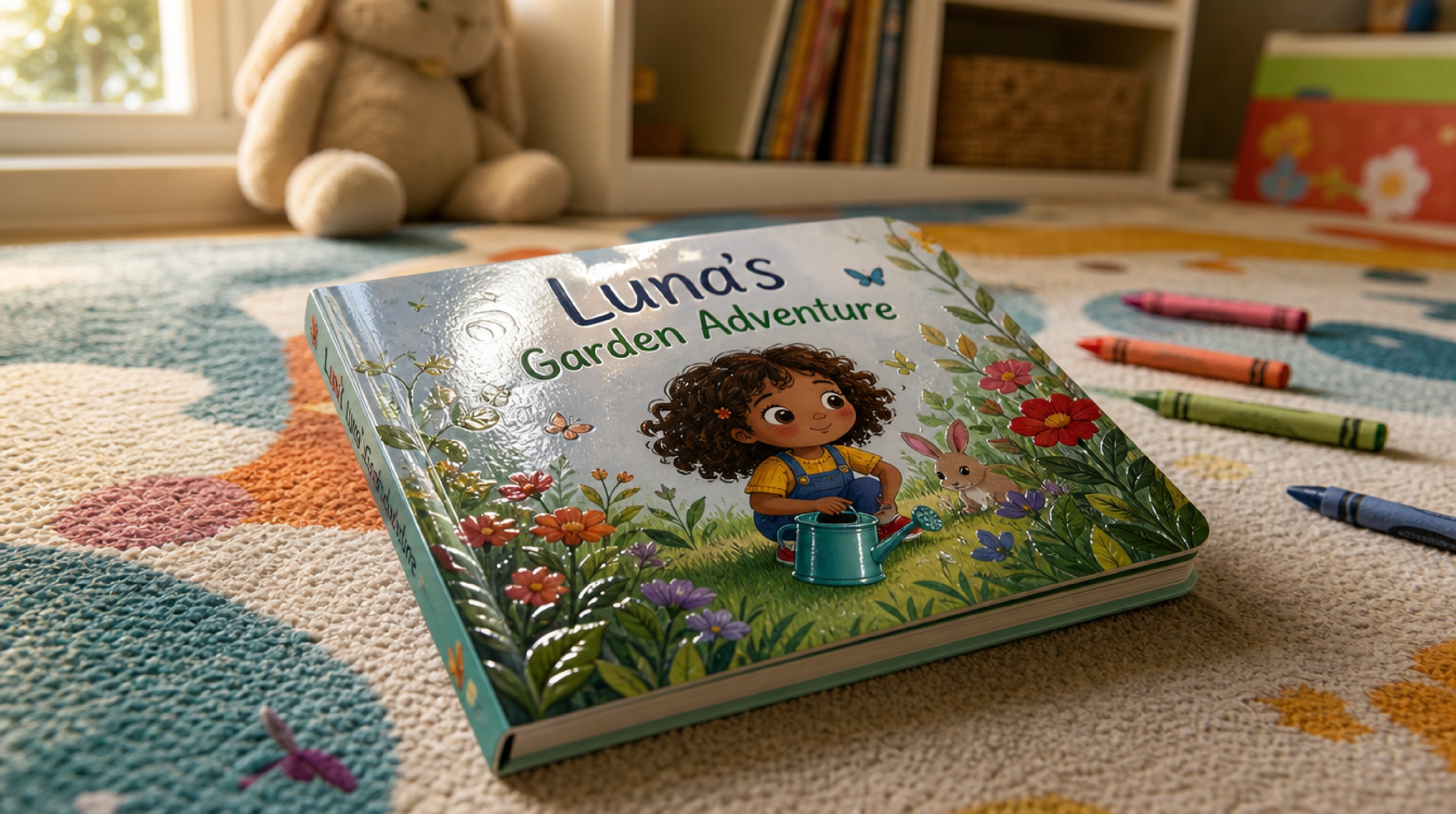 Children's picture book front cover, Luna's Garden Adventure, resting on a patterned rug beside a plush rabbit and crayons