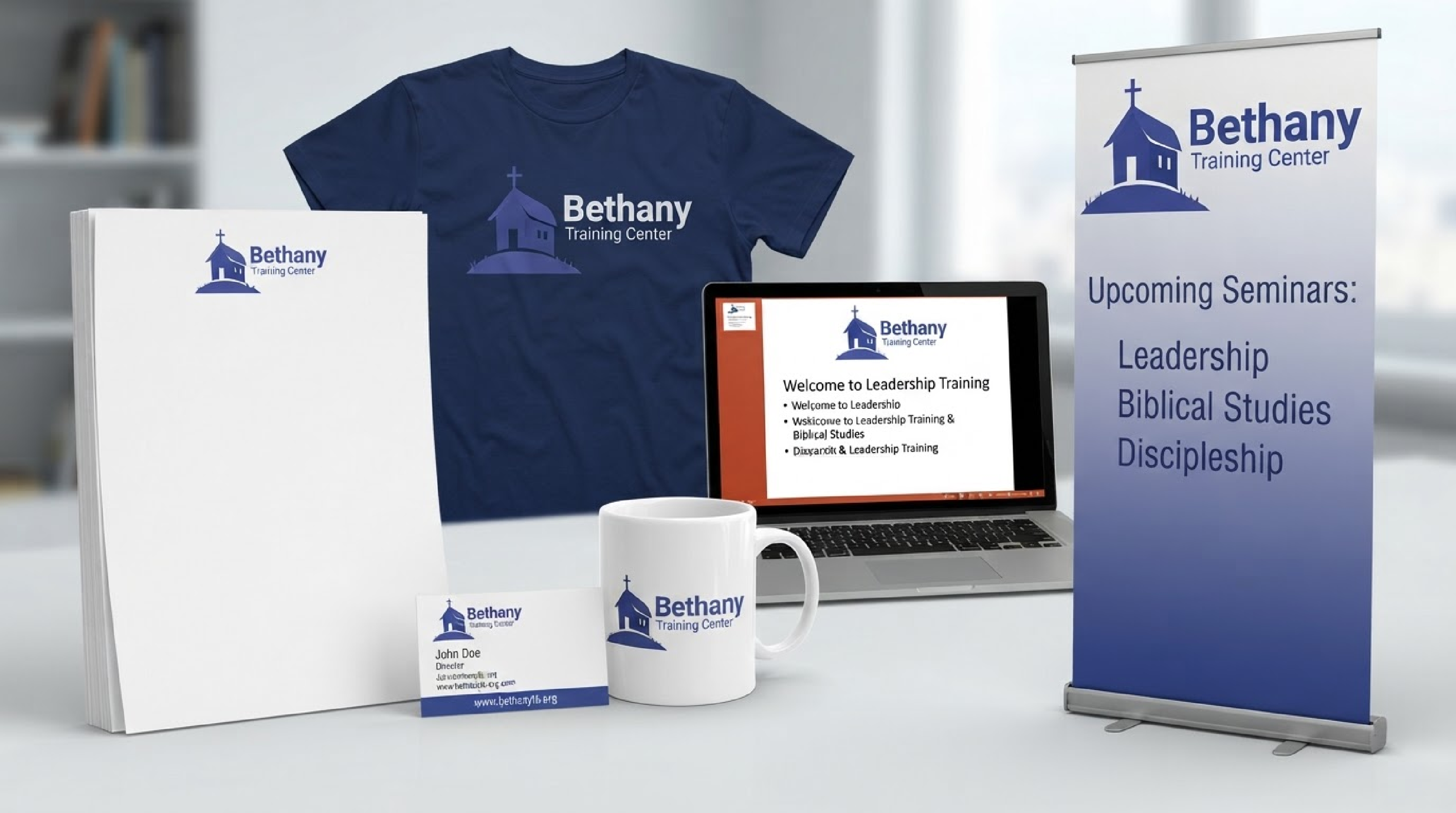Bethany Training Center brand guidelines applied across a t-shirt, mug, name card, letterhead, roll-up banner and laptop mockup