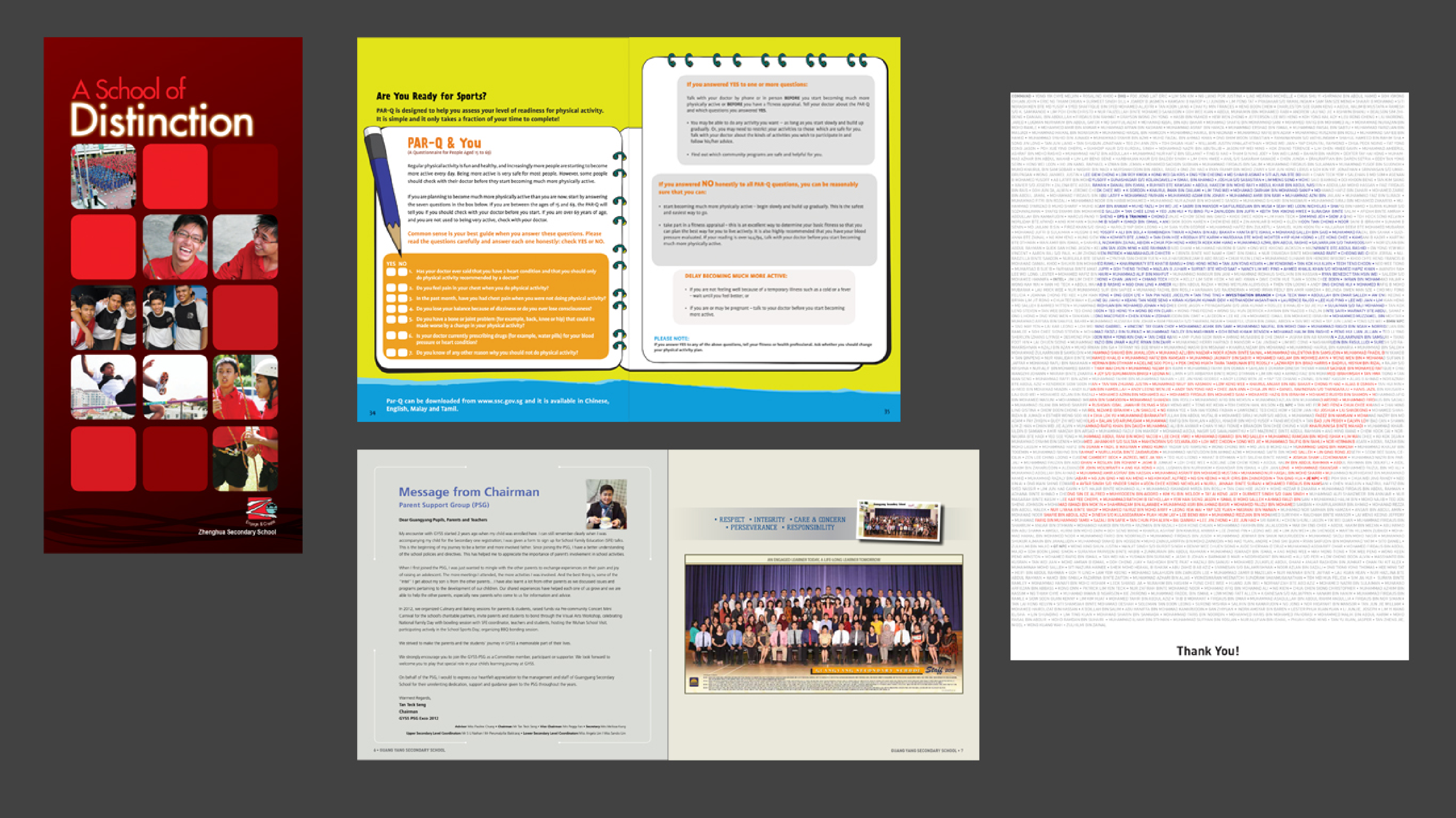 Collage of school magazine and newsletter spreads, including a cover and inside layouts, designed with grid-based page layouts