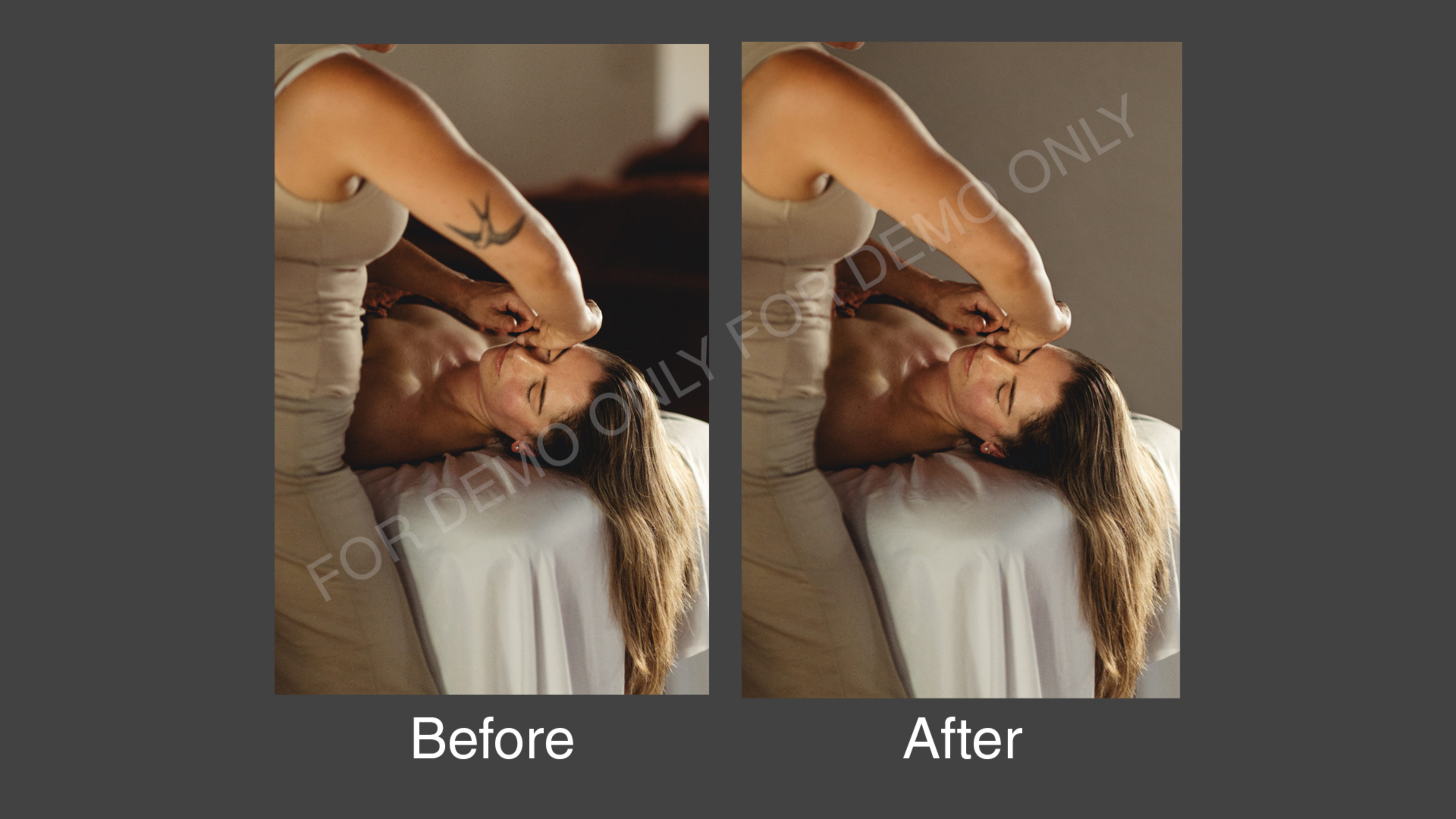 Side-by-side before and after Photoshop retouching demo photo, showing lighting and skin-tone adjustment