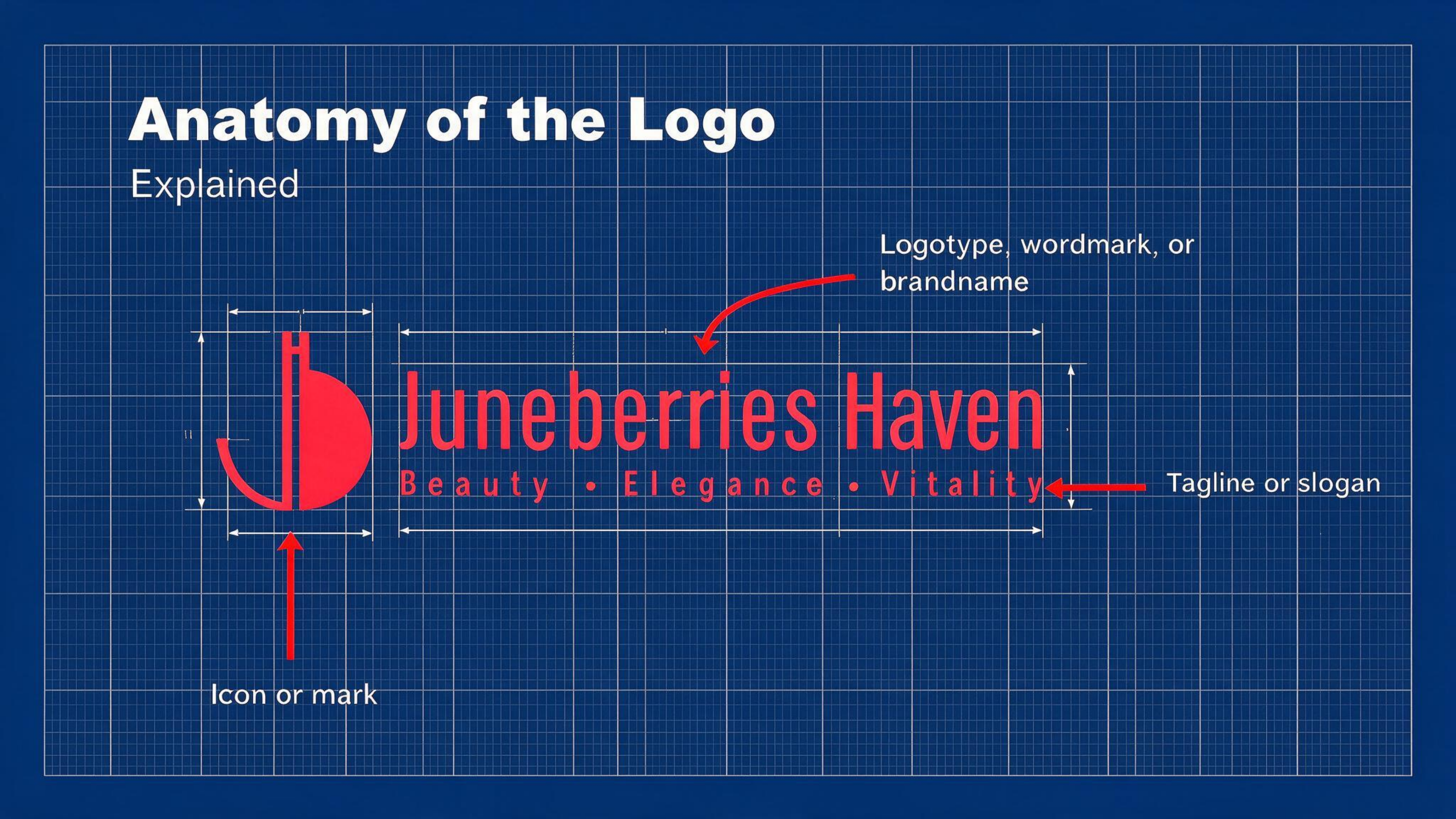Anatomy of the logo diagram for Juneberries Haven, labelling the icon or mark, the logotype/wordmark/brandname, and the tagline or slogan