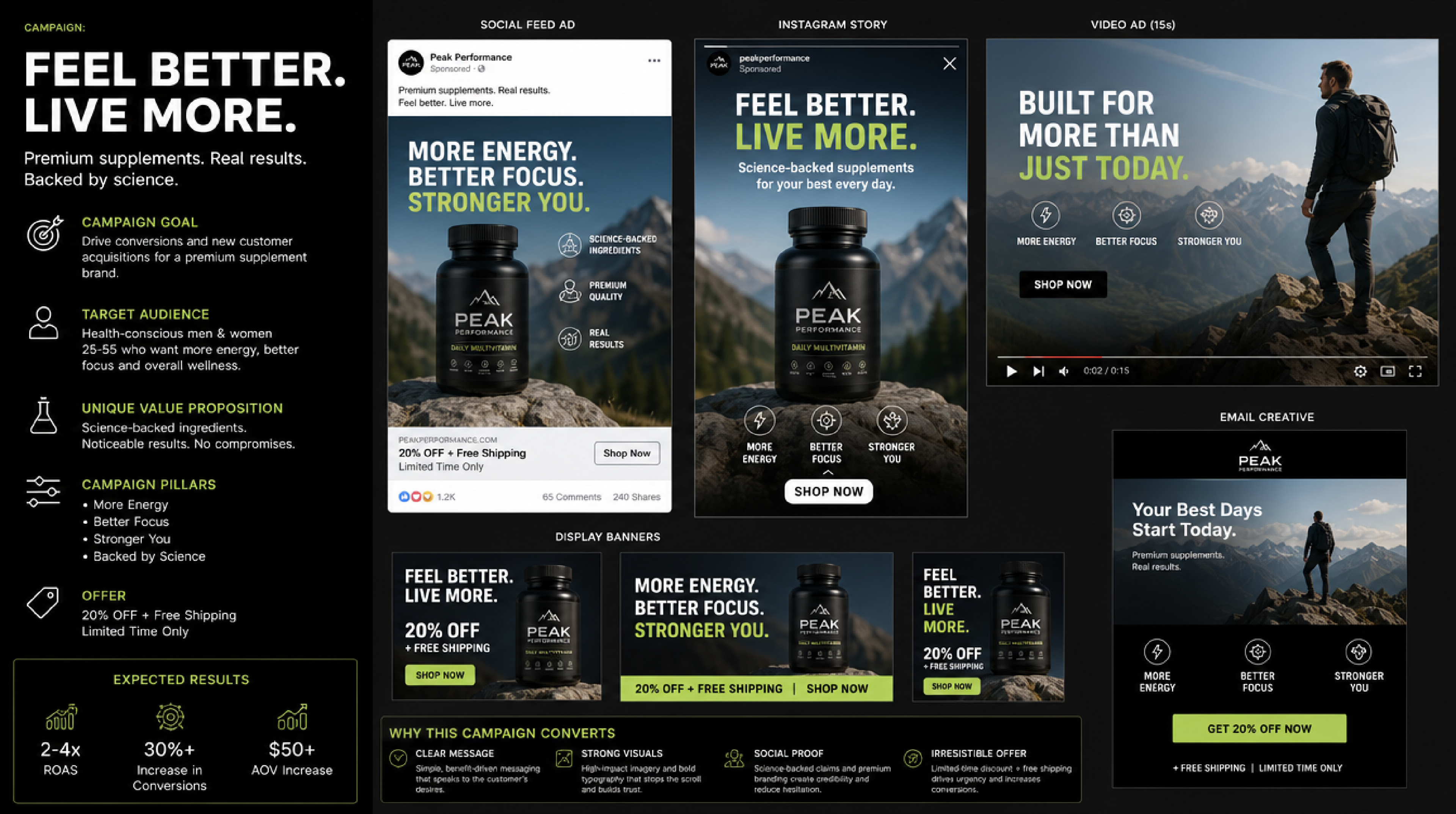 Peak Performance ad campaign mockups across social feed ad, Instagram story, video ad, display banners and email creative
