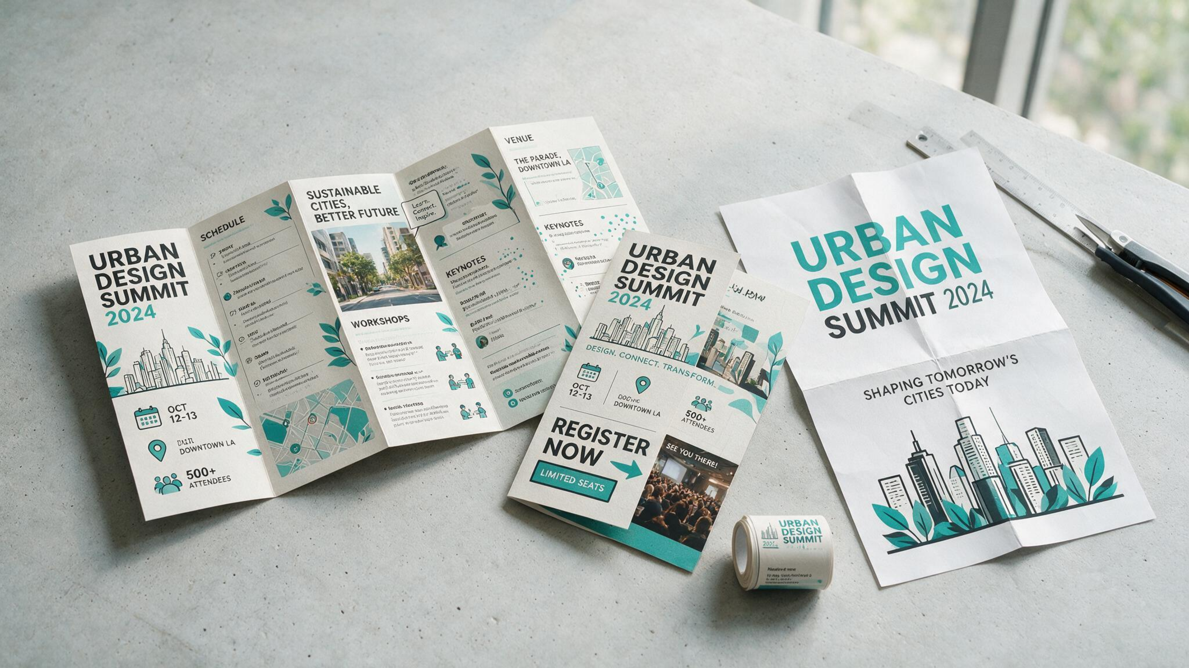 Urban Design Summit tri-fold brochure, flyer, event poster and sticker roll laid out on a desk