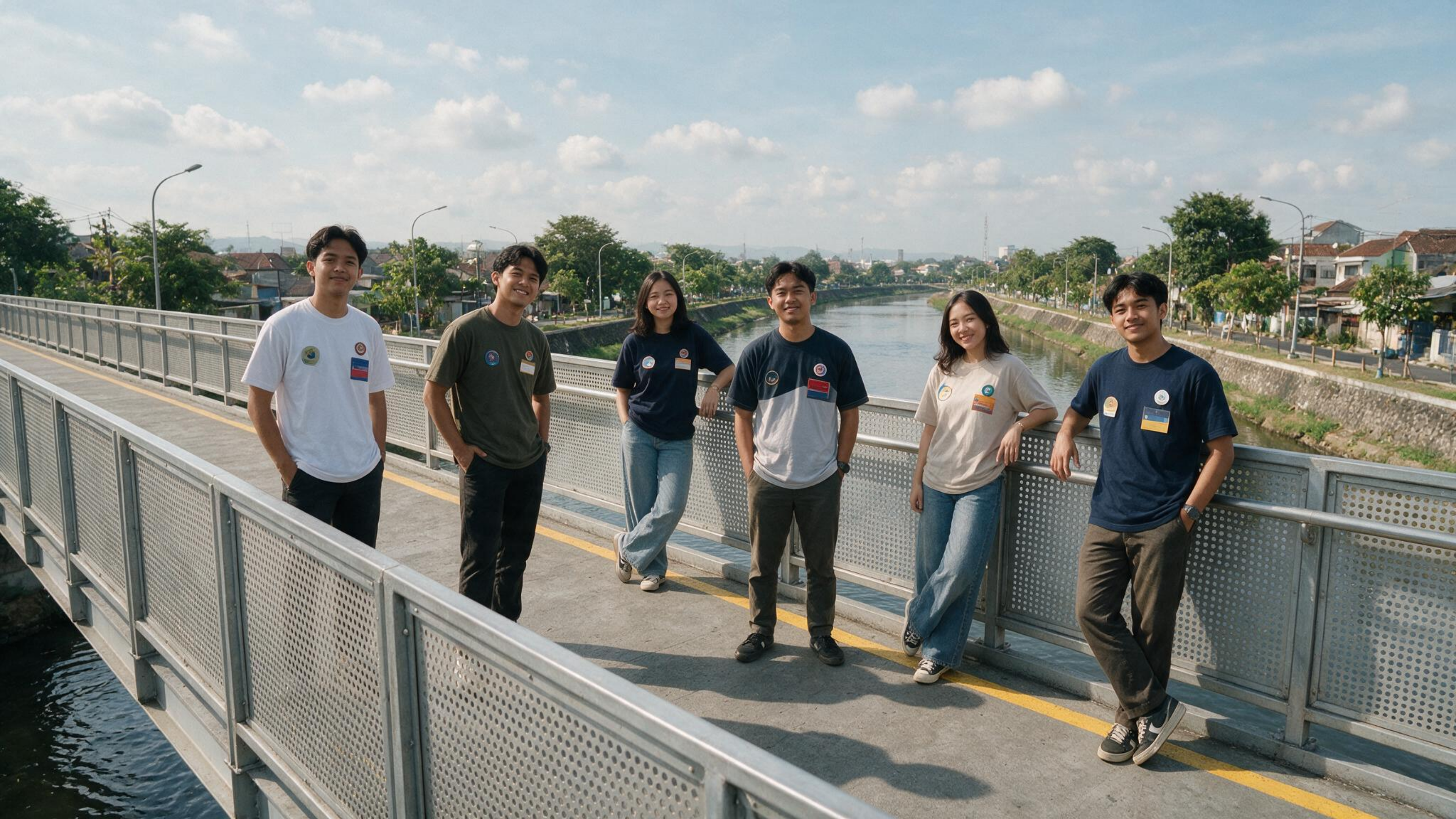 Group of six friends wearing branded apparel merchandise t-shirts in different colors, standing on a bridge