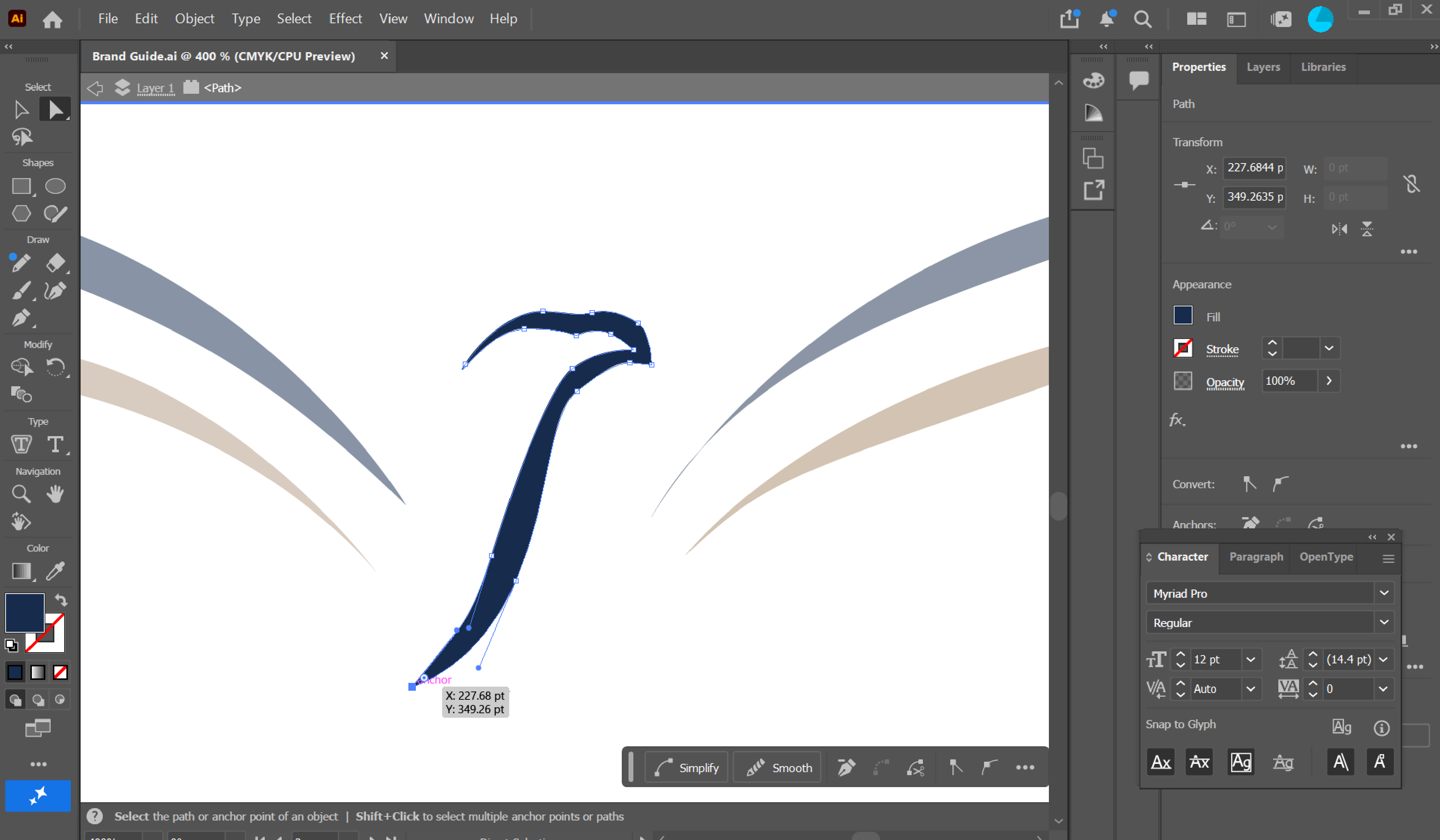 Adobe Illustrator screenshot tracing a logo mark into anchor-point vector paths