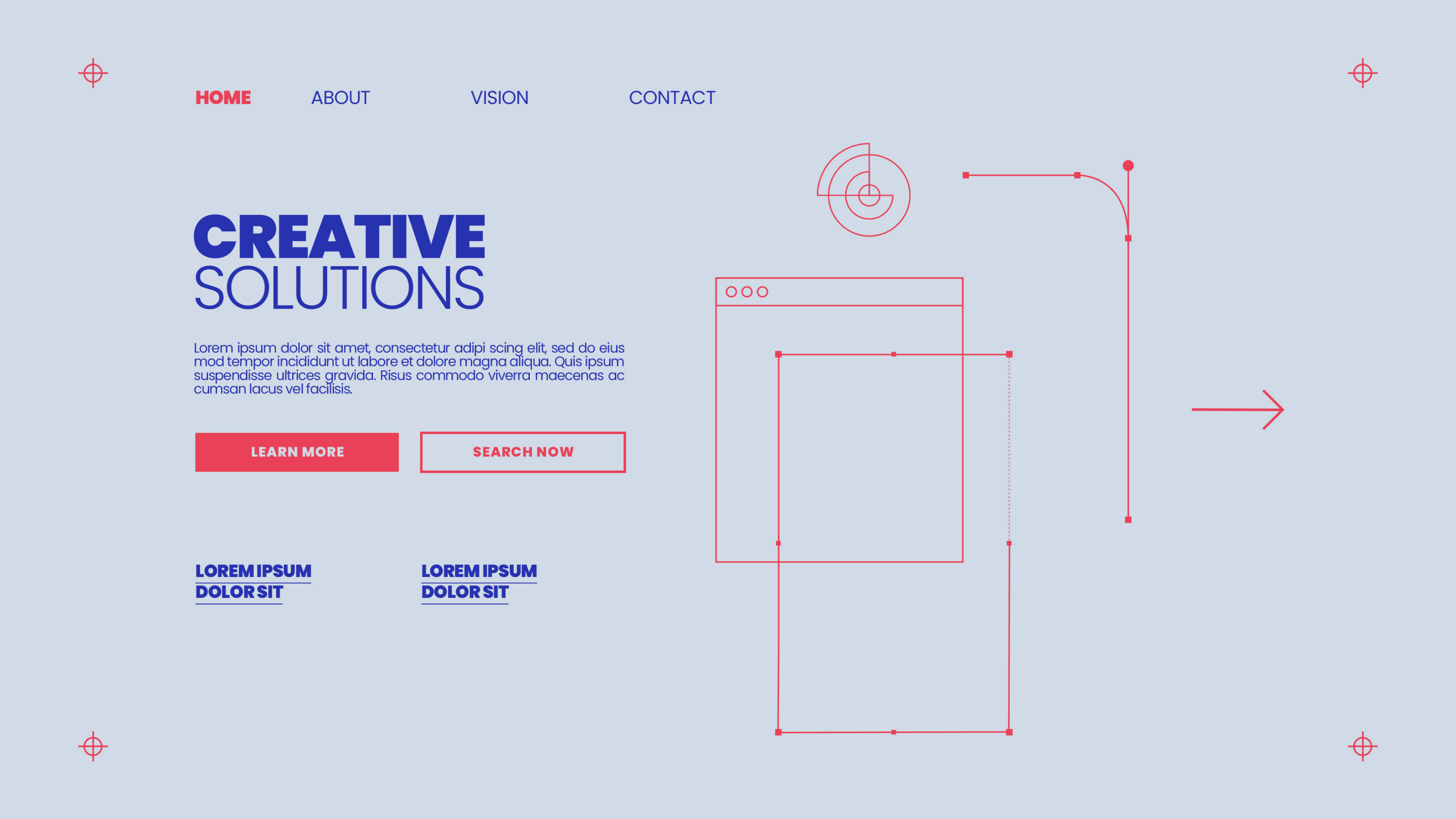 Website homepage UX/UI design mockup in a red-and-navy wireframe style with Bezier anchor-point annotations